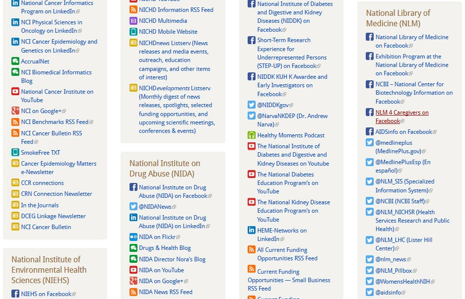 screen capture of NIH Social Media & Outreach page, displays links to social media outlets grouped by agency