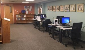part of the redesigned library space featuring computer stations