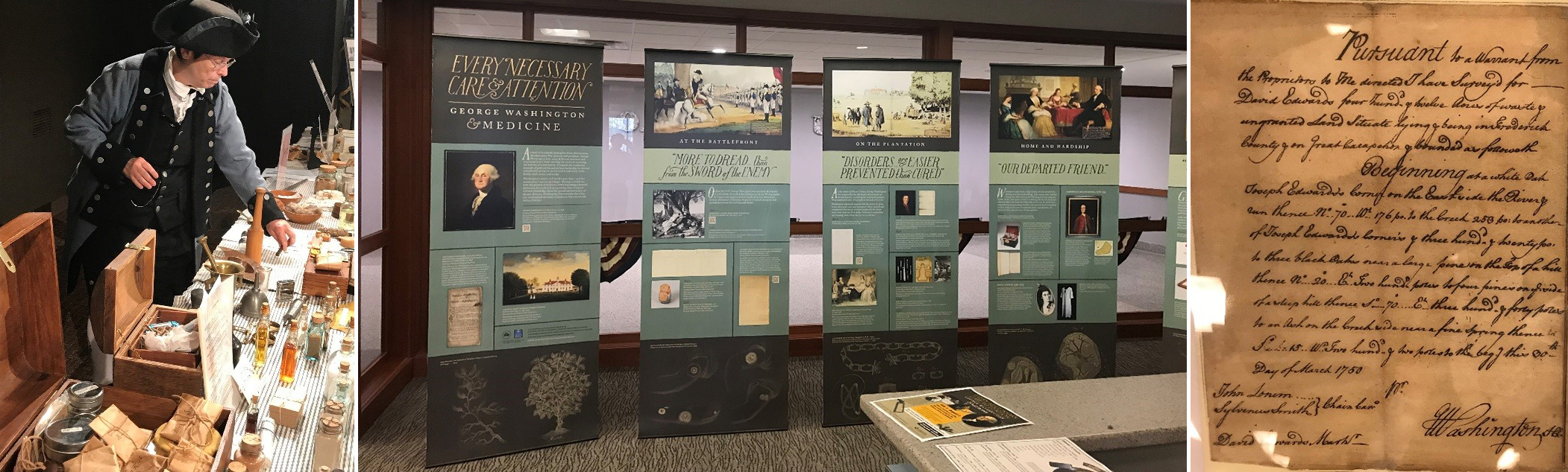 three photos: Revolutionary War surgeon re-enacter, exhibit banners, and a document from George Washington