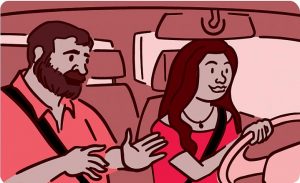 illustration of a passenger in a car talking to the driver