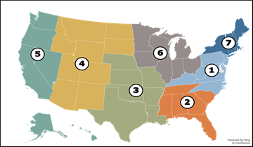 Map of United States showing the 7 regions for 2021-2026