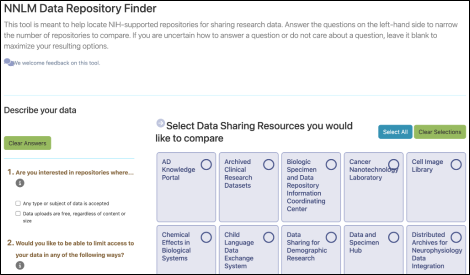 Chart from NNLM Data Repository finder showing the respository options available.