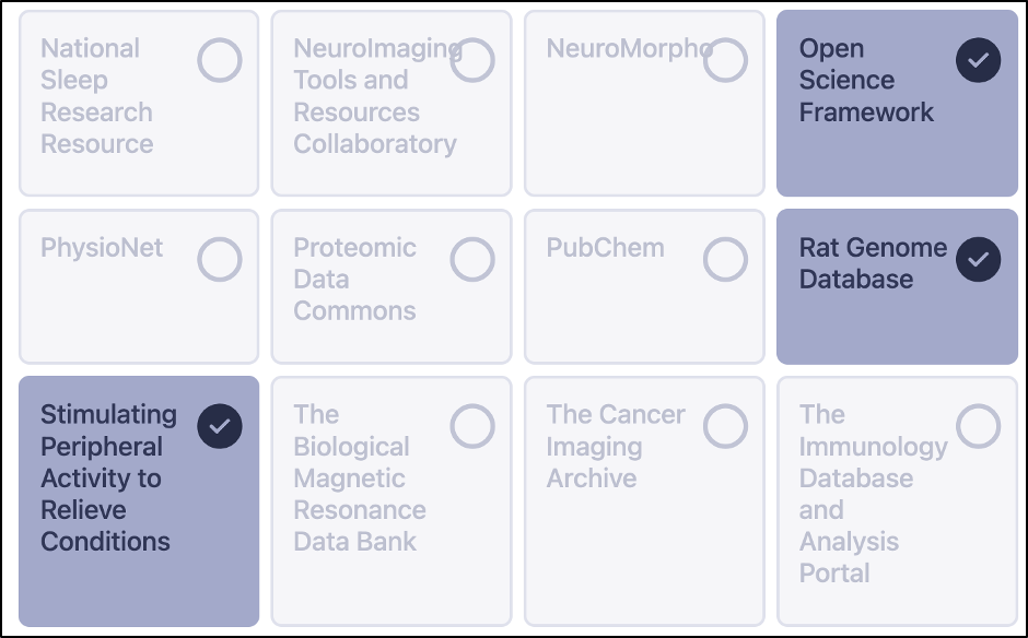 Highlighted repositories on a chart, showing Open Science Framework, Rat Genome Database, and Stimulating Peripheral Activity to Relieve Conditions.