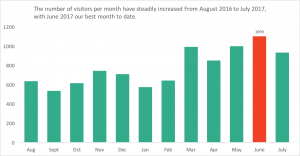 A bar graph showing the slow increase of visitors from August 2016 to July 2017.