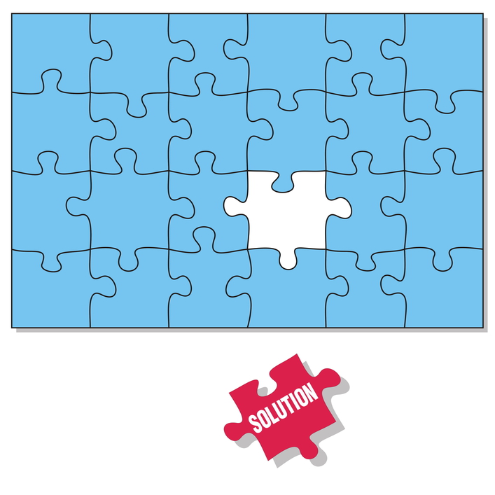 Puzzle pieces, only the Solution piece is missing