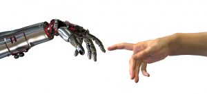 Robot and human hands almost touching 