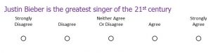Likert scare that states Justin Bieber is the greatest singer of the 21st century with ratings from strongly disagree to strongly agree