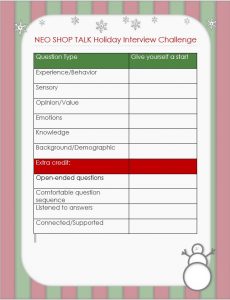 Holiday challenge chart, There is a holiday border around a table-style chartt with the six categories of questions, the five extra credit techniques, and blank cells for stars