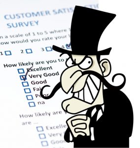 Villain cartoon with survey questions