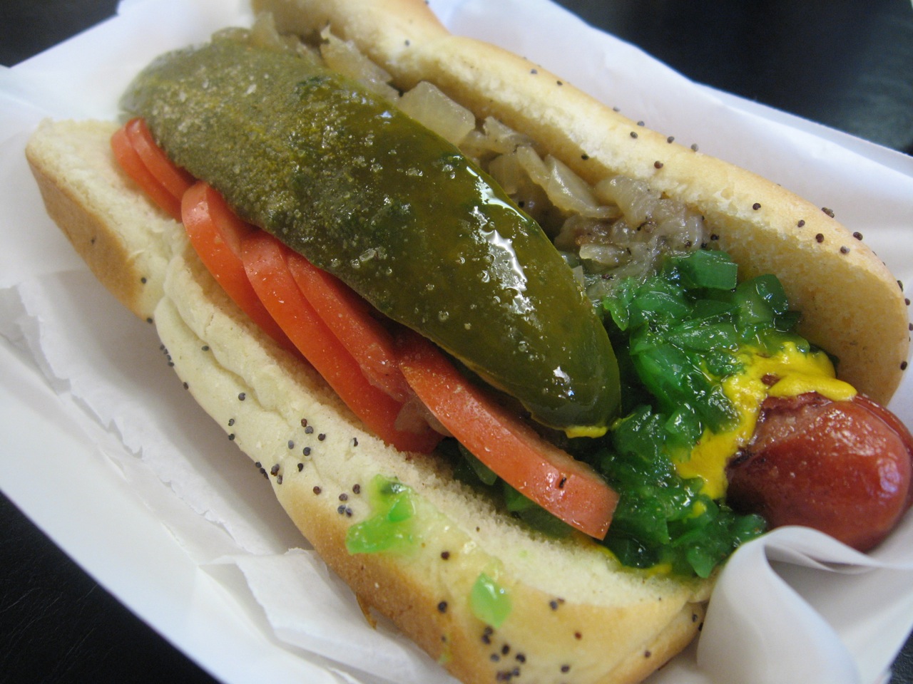A Chicago-style hot dog, the author's preferred style.