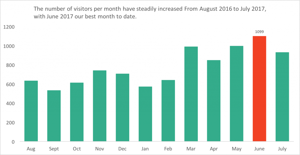 A bar graph showing the slow increase of visitors from August 2016 to July 2017. 