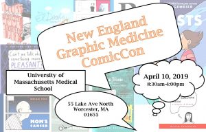 Graphic for New England Graphic Medicine ComicCon being held at the UMass Medical School on April 10, 2019