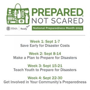 Prepared Not Scared 2019 National Preparedness Month logo with each week's theme.