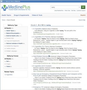 screen shot of the MedlinePlus website when a search about "vaping" is done.