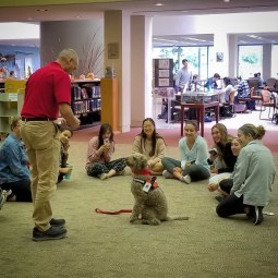 Student gather around therapy dog