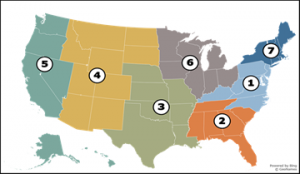 Map of the United States divided into seven regions.