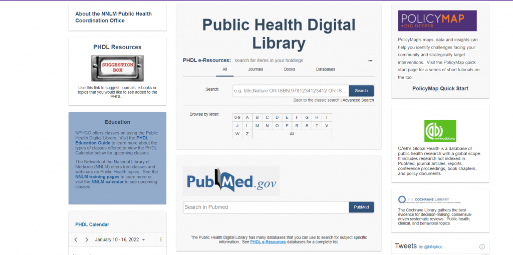 Screenshot of the PHDL central webpage