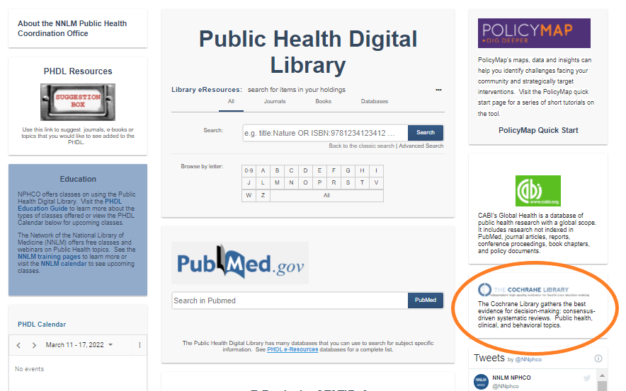 Cochrane Database on the PHDL