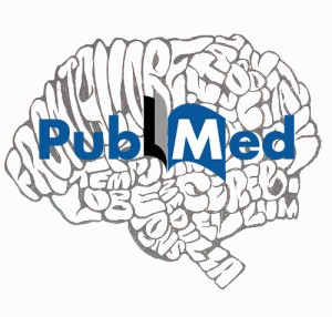 illustration of a brain with PubMed logo superimposed