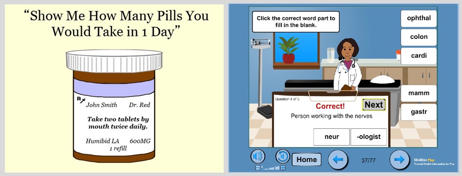 Screenshots of health literacy instructional mateirals