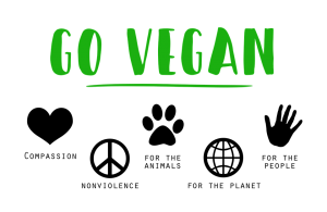 Go Vegan: heart symbol signifying compassion, peace symbol signifying nonviolence, paw print signifying animal rights, globe symbol signifying care for the environment, and hand symbol signifying human health. 