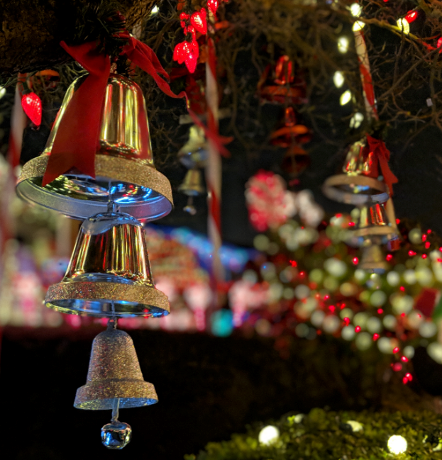 photo of bells and holiday lights