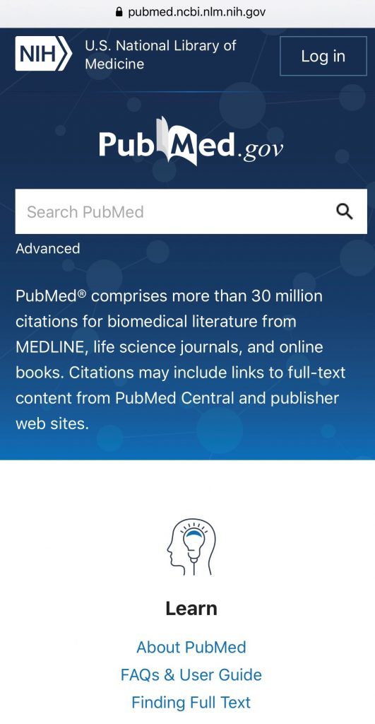 Screenshot of the new PubMed homepage accessed on a mobile device, including basic search.