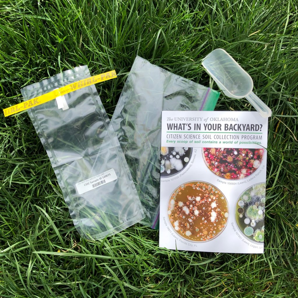 What's in your Backyard citizen science kit. Includes a scoop, instructions for participating, and two plastic bags
