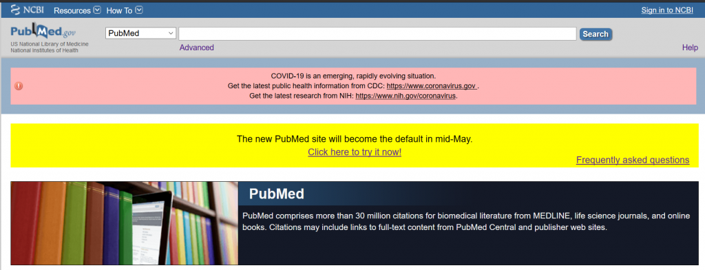 Legacy PubMed homepage, including the banner alert "The new PubMed site will become the default in mid-May."
