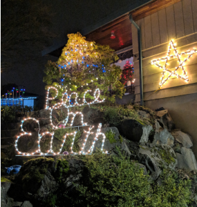 Peace on Earth lights and a star outside a house