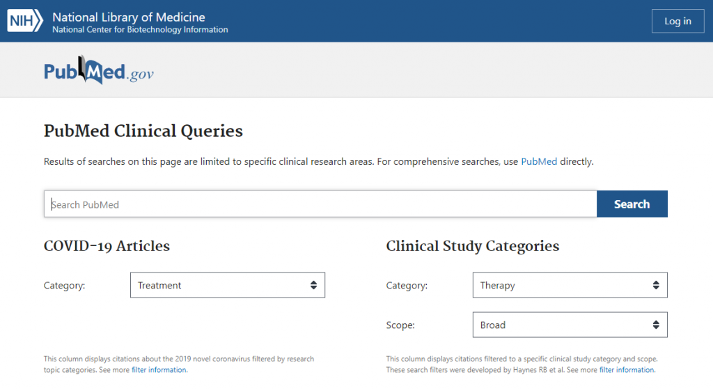 Screenshot shows the Clinical Queries page, with a searchbox. Headings below the searchbox read COVID-29 Articles and Clinical Study Categories.
