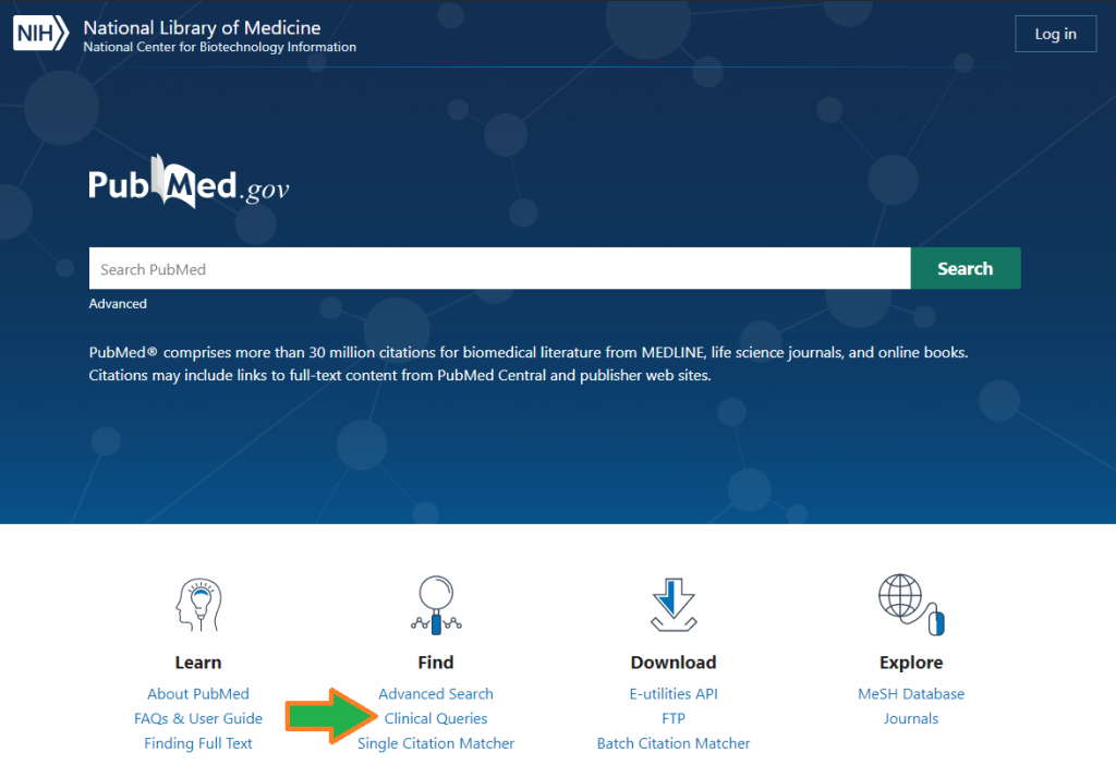 Screenshot shows the PubMed homepage. Clinical Queries is located under "Find".