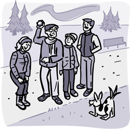 Illustration of an older man with his family and pet dog on a walking trail.