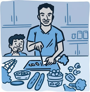 Illustration of parent and child preparing a healthy meal together