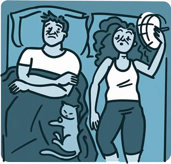 Illustration of a woman awake in bed with husband and cat