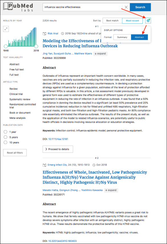 Abstract display in PubMed Labs search results
