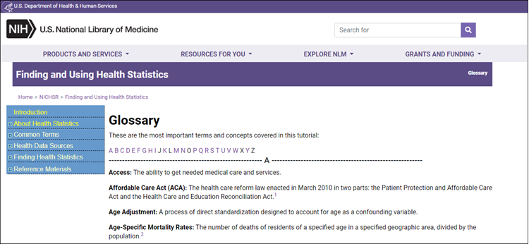 the glossary section of the National Information Center on Health Services Research & Health Care Technology website