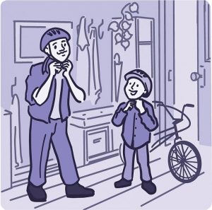 illustration of a father and son putting on bike helmets