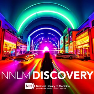 NNLM Discovery logo featuring a person walking down a neon lit street