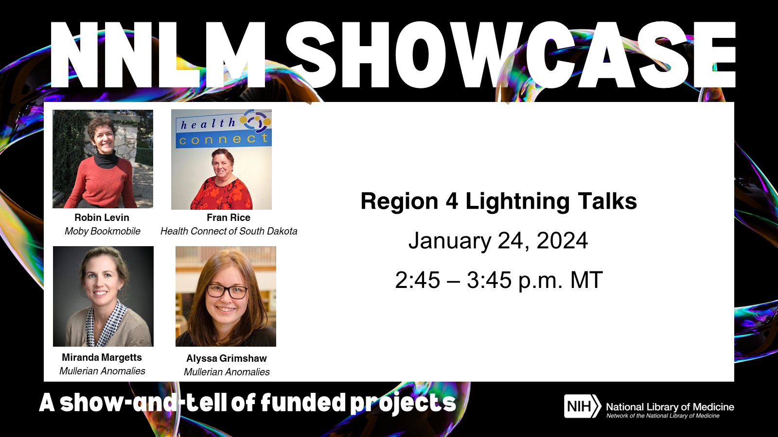 Stylized graphic advertising NNLM Showcase 2024, a show-and-tell of funded projects. Session title: R4 Lightning Talks. Session date and time: January 24, 2024 2:45-3:45pm. Presenters: Robin Levin, Fran Rice, Miranda Margetts, and Alyssa Grimshaw.