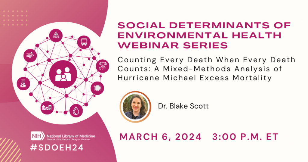 Flyer advertising Social Determinants of Environmental Health Webinar Series session, with headshot of speaker Dr. Blake Scott, session title: Counting Every Death When Every Death Counts: A Mixed-Methods Analysis of Hurricane Michael Excess Mortality, and date and time: March 6, 2024 3:00 p.m. ET. Above the NNLM logo and hashtag SDOEH24, a connected graph of icons depicts the interconnectedness of environmental and social factors.