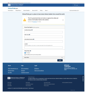 Screenshot of the updated version of ClinicalTrials.gov homepage