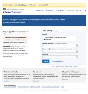 Screenshot of the previous version of ClinicalTrials.gov homepage