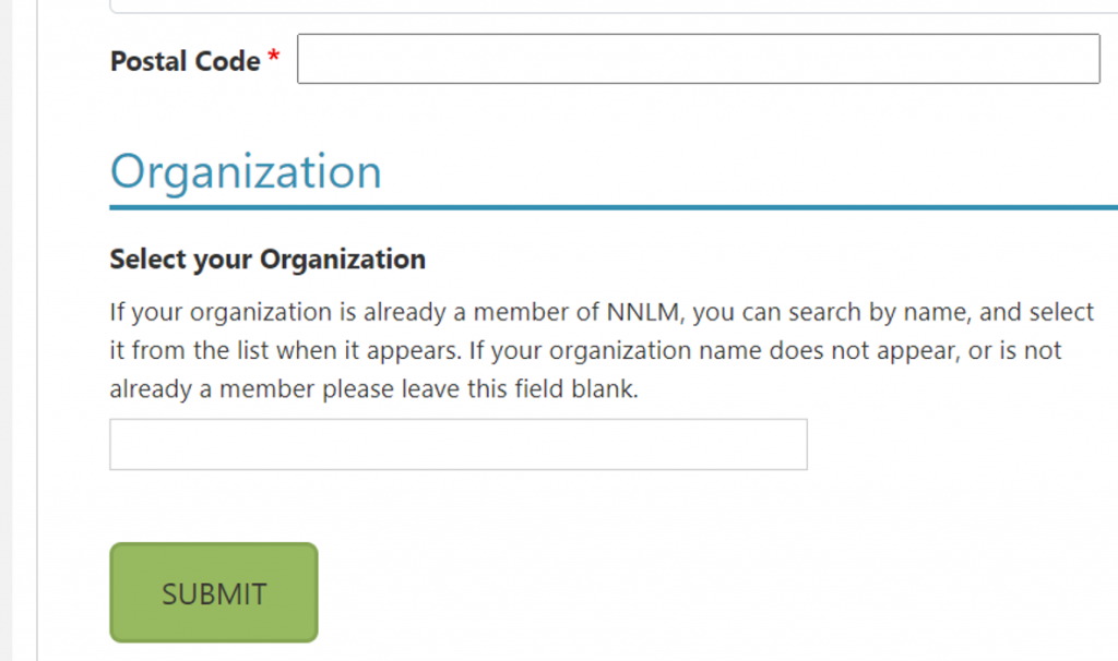 NNLM new User Account form, Submit button