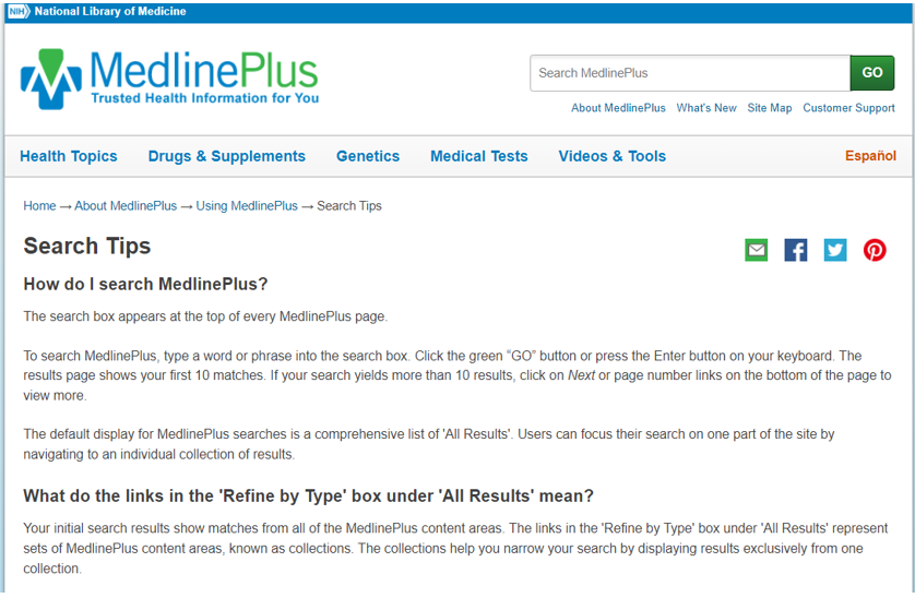MedlinePlus Search Tips webpage