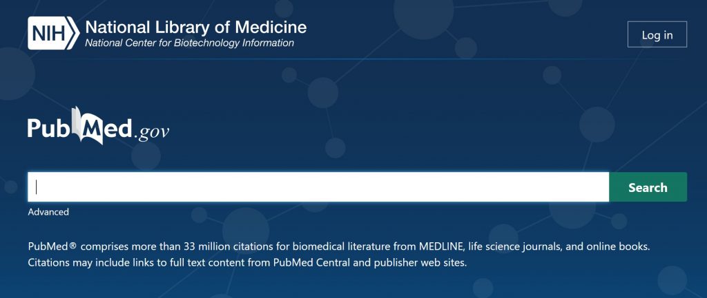 A screenshot of the PubMed homepage showing the basic search box.