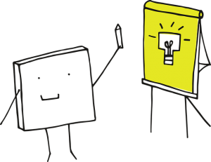 Simple line drawing of a square with a face and arms and legs holding a pencil. A yellow flipchart is next to it with drawing of a lighted up lightbulb