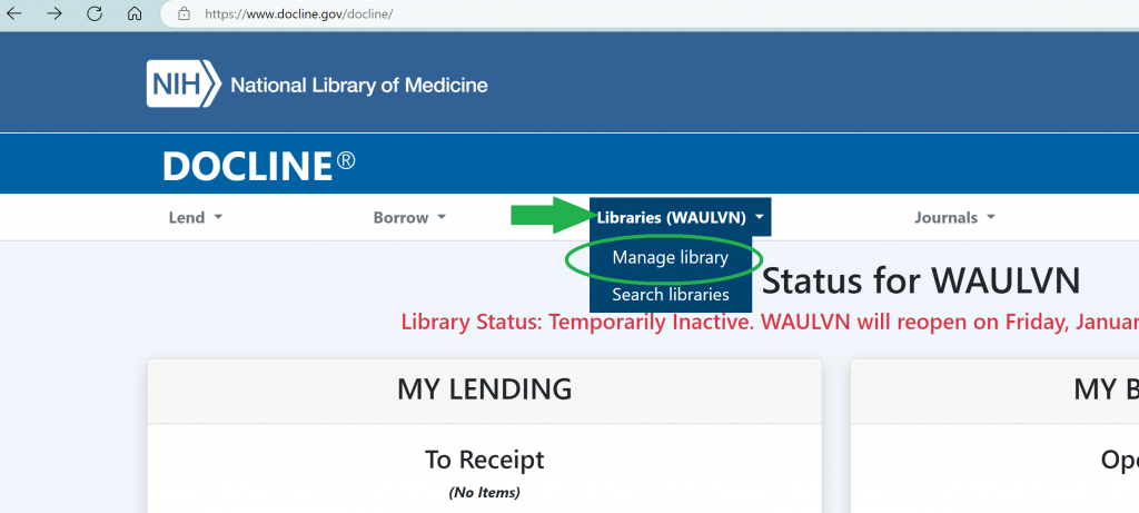 In DOCLINE, go to the Libraries tab, then Manage Library.