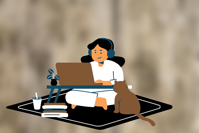 Illustration of woman seated on the ground with a laptop on a tray and cat nearby