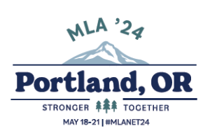 MLA '24 logo with minimal drawing of Mt. Hood Portland, Oregon Stronger Together May 18 - 21 #MLANET24